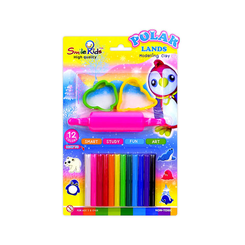 Smile Kids Modeling Clay 12 Assorted Colors 100 g + 1 Roller + 2 Molds