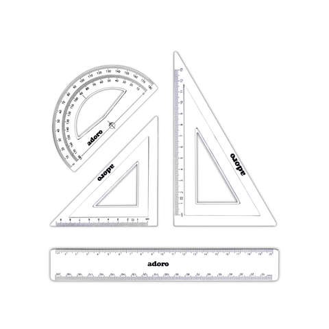 Adoro Geometry Drawing Set 3 Pcs + 20 cm Ruler Clear